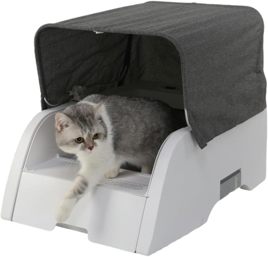 Muadress（ムアドレス） 猫 トイレ 全自動猫トイレ 自動トイレ フード付き 大型 5L 大容量 自動清掃 コンセントとアダプターは日本仕様 臭わない 多頭飼い オープンプラン 赤外線センサー 専用アプリ APP IOS/Android対応 飛び散らない 消臭 灭菌 ワンタッチで自動クリーンアップ 自動清掃機能付き (猫用自動トイレ-フード付き)